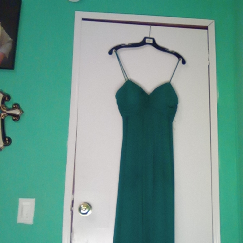 Spaghetti strap forest green formal dress